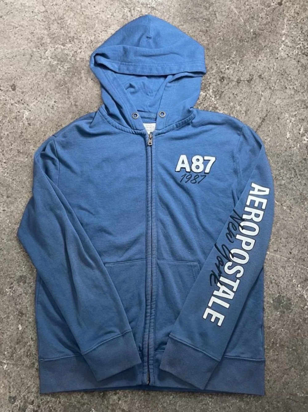 Y2K Aeropostale Blue A87 Preppy Casual Full-Zip Hoodie with Sleeve Logo Men’s M